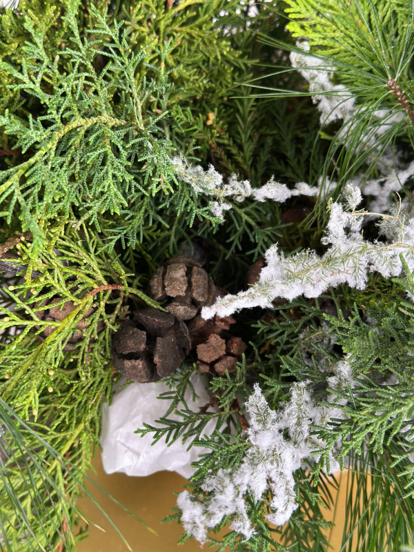 МИКС ХВОИ И ЗАСНЕЖЕННОГО АСПАРАГУСА В КОРЗИНЕ С ДЕКОРОМ